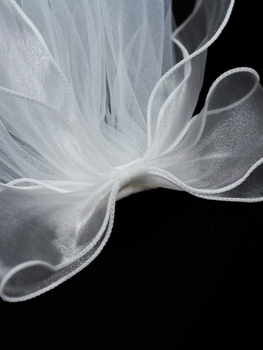Ivory One Tier Bows Tulle Cut Edge Drop Wedding Veils - Image 3