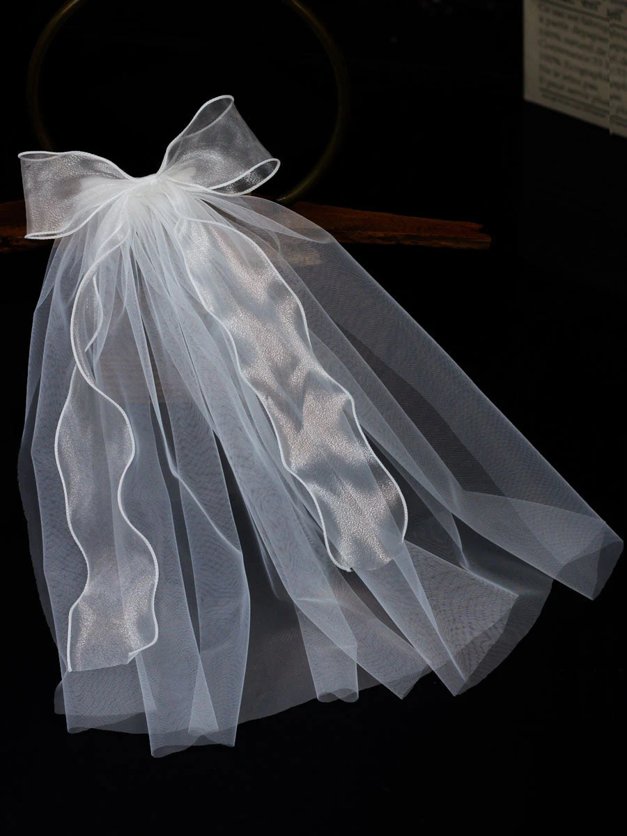 Ivory One Tier Bows Tulle Cut Edge Drop Wedding Veils - Image 4