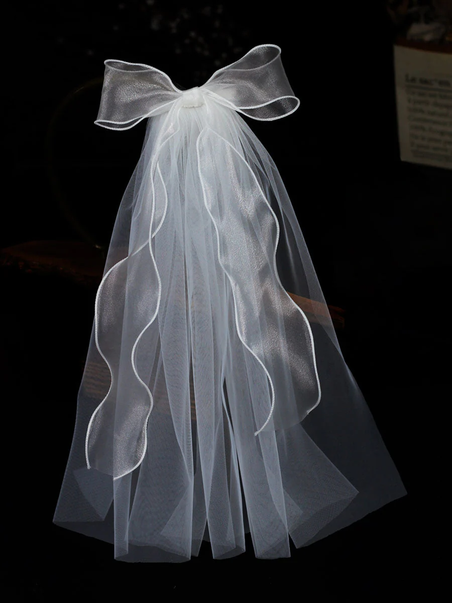 Ivory One Tier Bows Tulle Cut Edge Drop Wedding Veils - Image 5