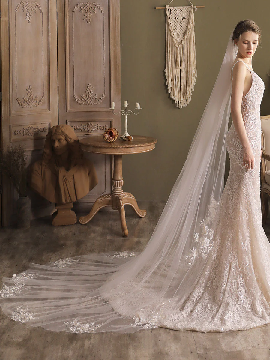 Ivory One-Tier Lace Tulle Finished Edge Waterfall Wedding Veils - Image 4