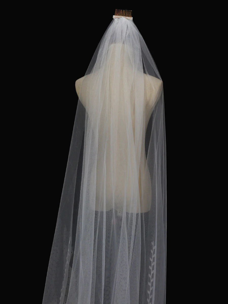 Ivory One-Tier Tulle Finished Edge Waterfall Long Wedding Veils - Image 5