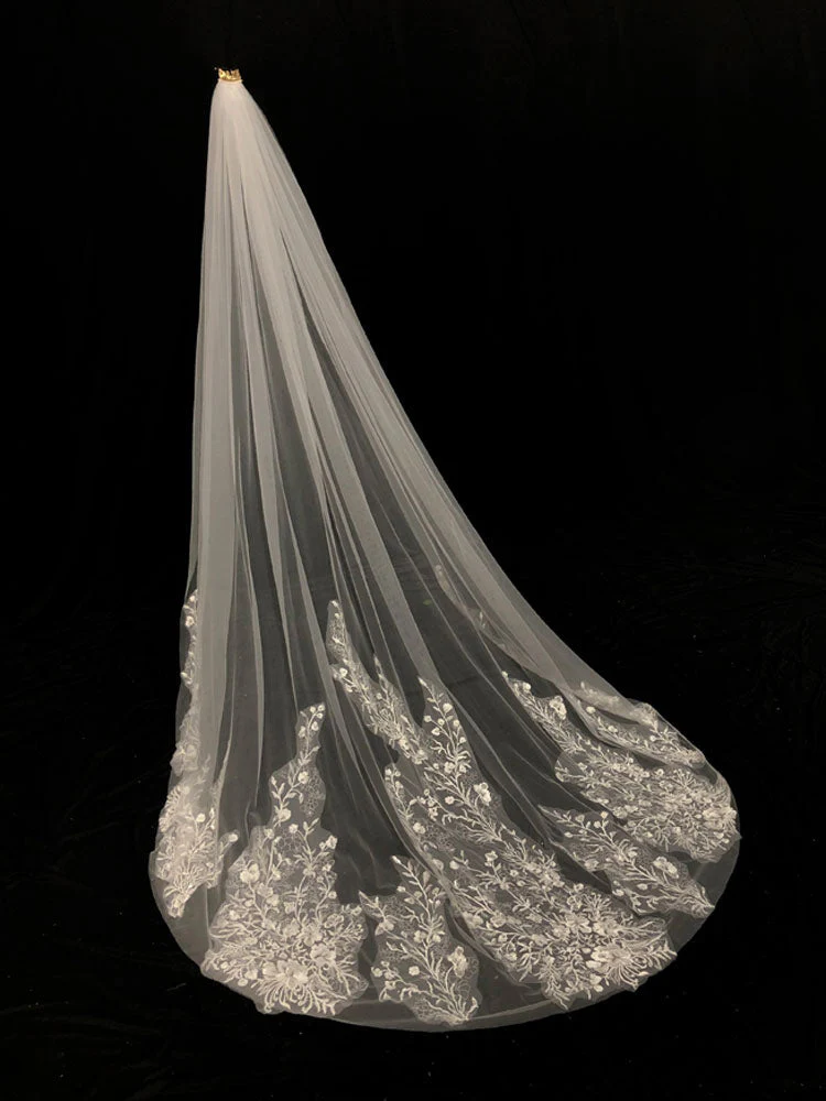 Ivory One-Tier Tulle Lace Applique Edge Waterfall Long Wedding Veil - Image 2