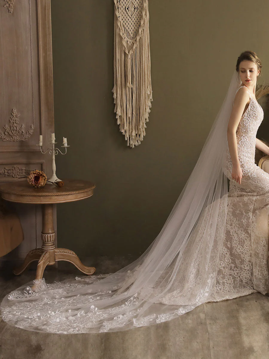 Ivory One-Tier Tulle Lace Applique Edge Waterfall Long Wedding Veil - Image 3