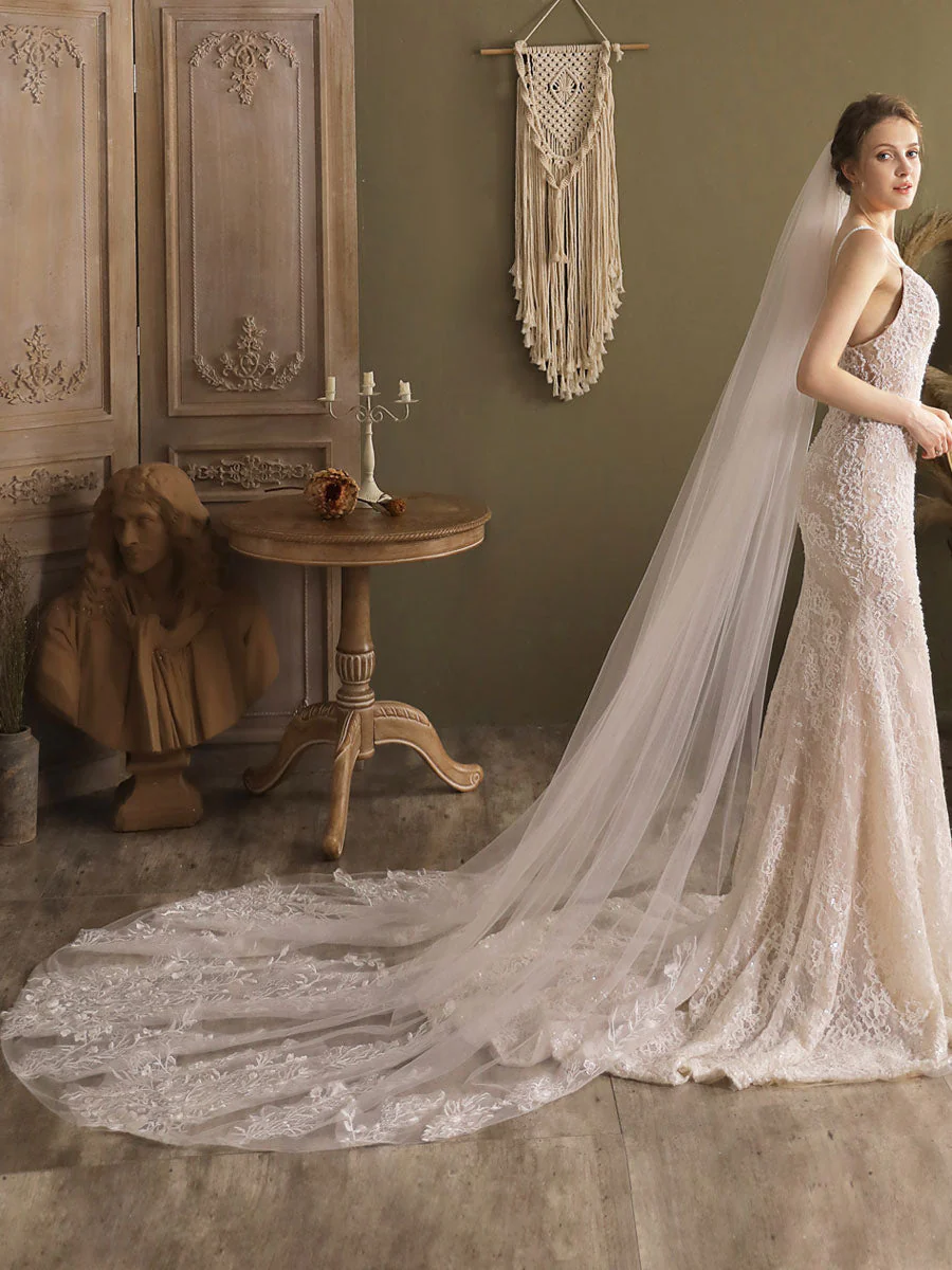 Ivory One-Tier Tulle Lace Applique Edge Waterfall Long Wedding Veil - Image 5