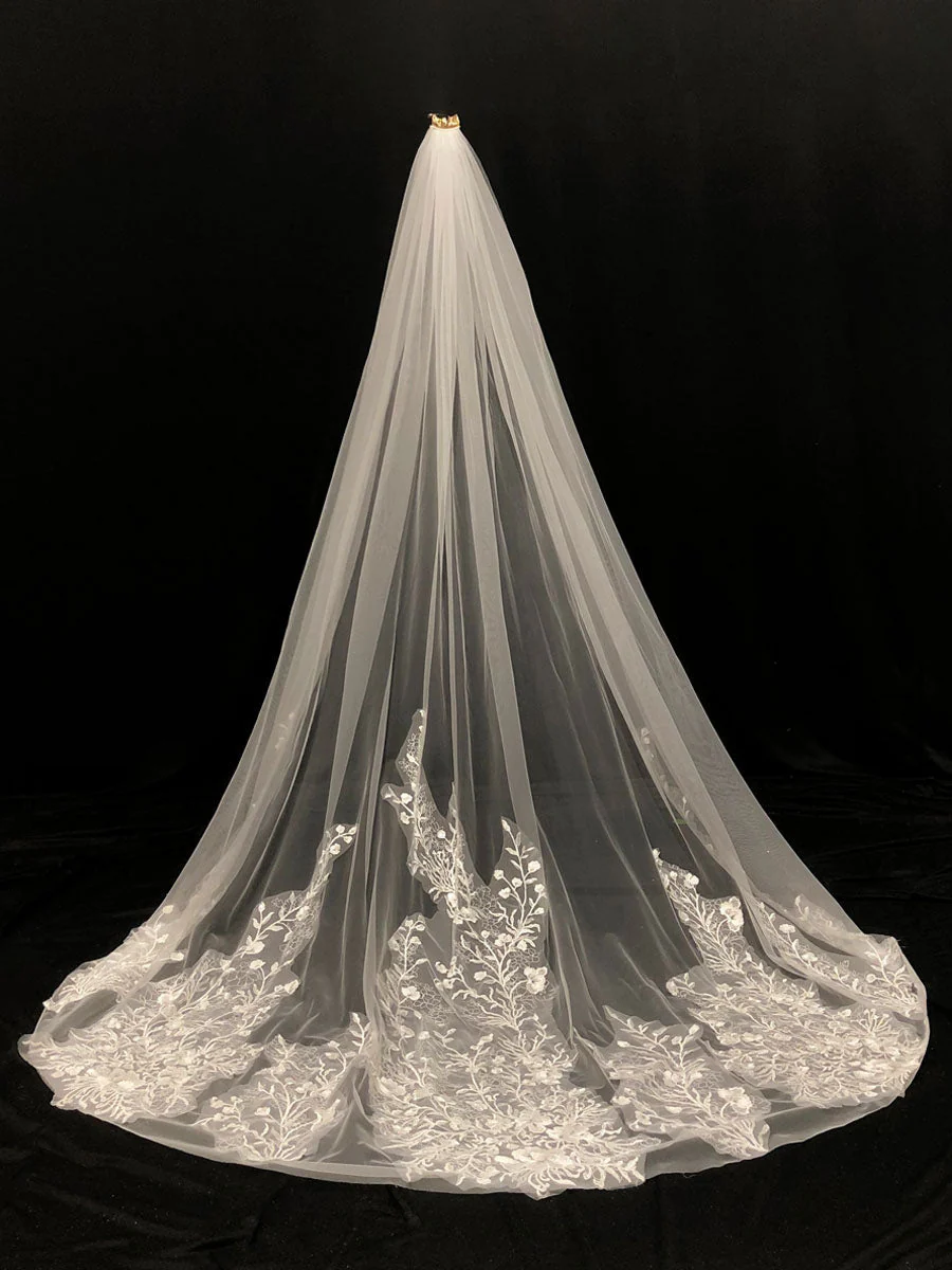 Ivory One-Tier Tulle Lace Applique Edge Waterfall Long Wedding Veil - Image 6