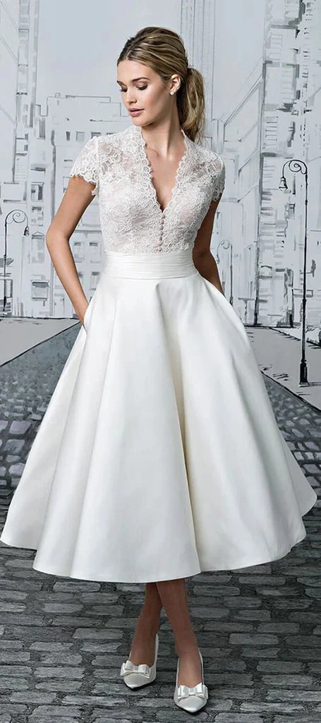 Ivory Satin Tea Length Vintage Wedding Dress - Image 2
