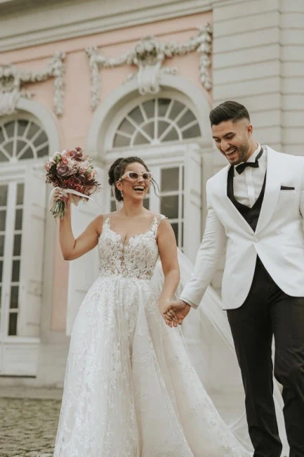 Ivory Sleeveless Straps A-Line Wedding Dresses with Chapel Train - Image 2