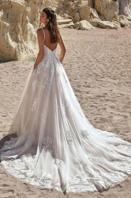 Ivory Spaghetti Straps Floor Length A-Line Wedding Dresses - Image 2