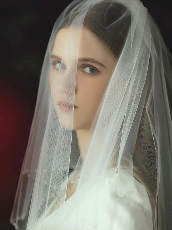 Ivory Two Tier Beaded Tulle Finished Edge Drop Bridal Veils - Image 3