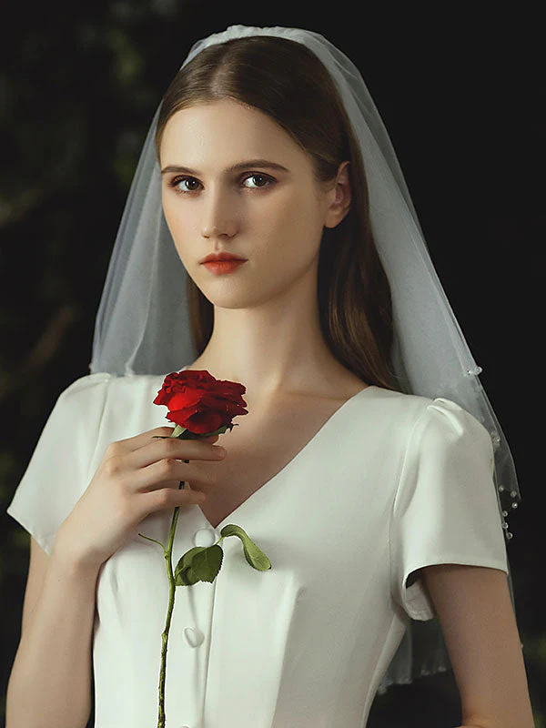 Ivory Two Tier Beaded Tulle Finished Edge Drop Bridal Veils - Image 4