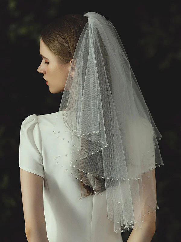 Ivory Two Tier Beaded Tulle Finished Edge Drop Bridal Veils - Image 5