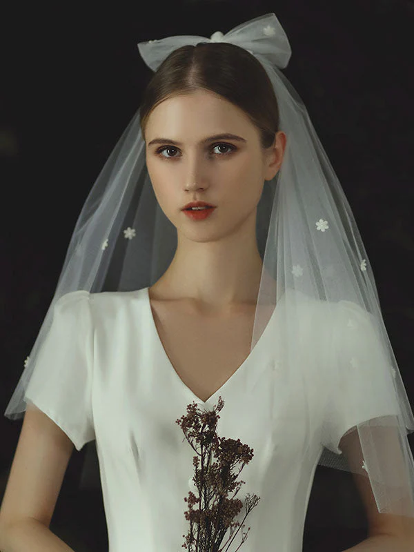 Ivory Two Tier Bows Tulle Cut Edge Drop Wedding Veils - Image 3