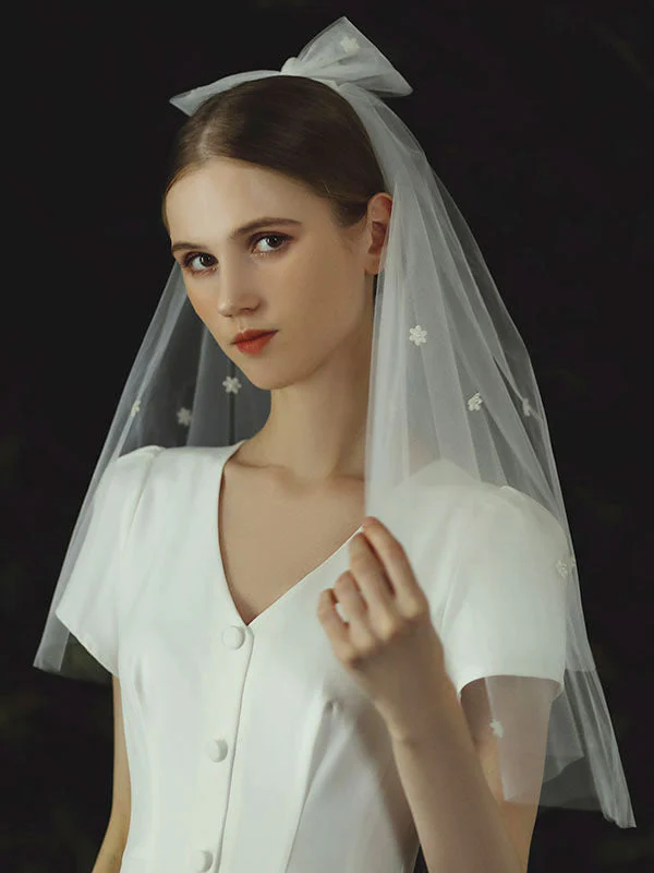 Ivory Two Tier Bows Tulle Cut Edge Drop Wedding Veils - Image 4