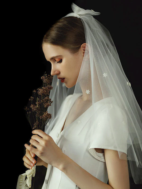 Ivory Two Tier Bows Tulle Cut Edge Drop Wedding Veils - Image 5