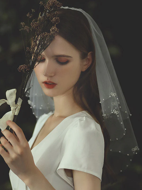 Ivory Two Tier Bows Tulle Finished Edge Drop Wedding Veils - Image 5