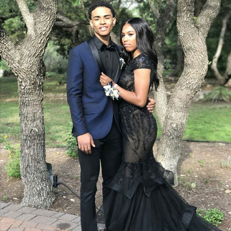 Navy Blue Two-Piece Slim Fit Prom Mens Suits with Black Silk Lapel - Image 2