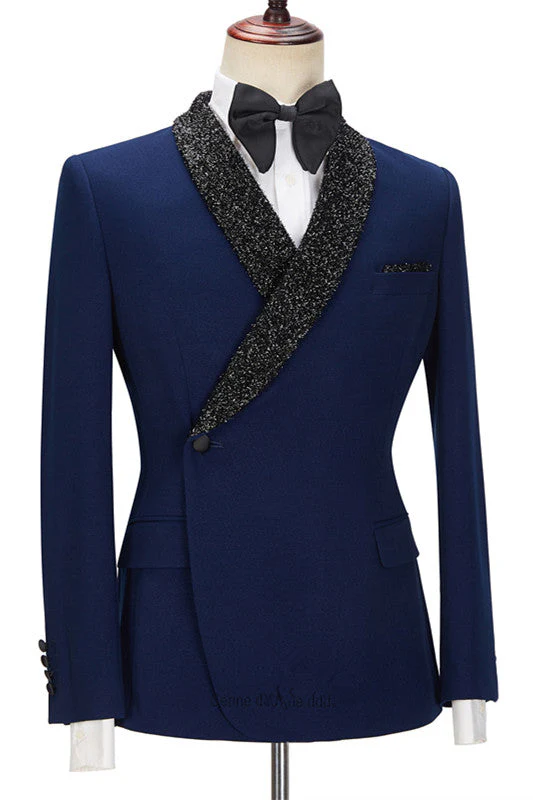 Dark Navy Bespoke Slim Fit Men Suits with Black Lapel - Image 3