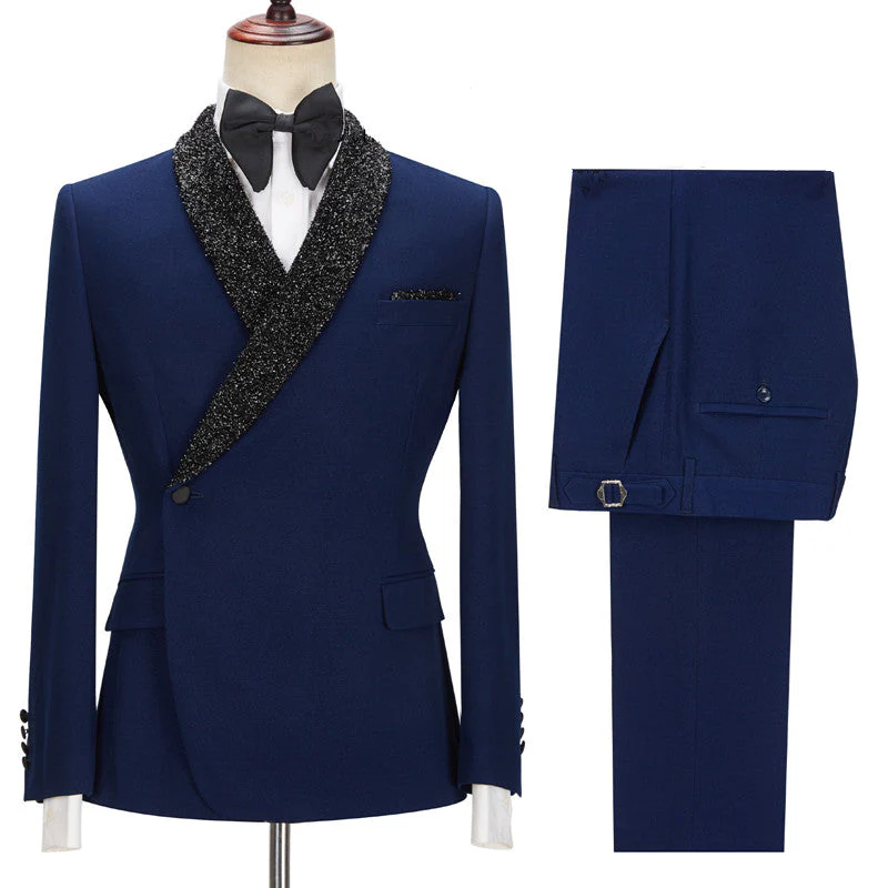 Dark Navy Bespoke Slim Fit Men Suits with Black Lapel - Image 4