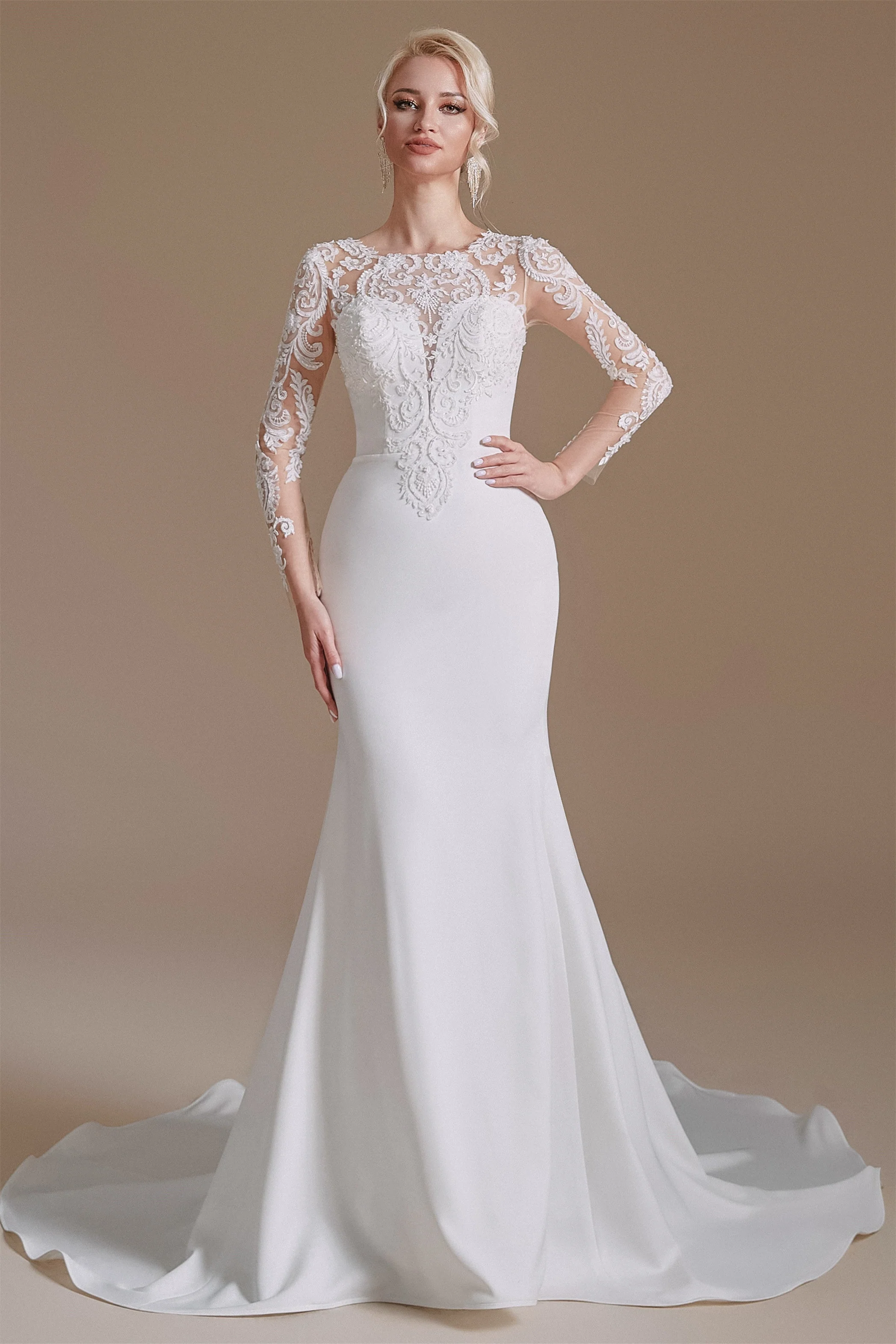 Jewel Lace Long Sleeves Mermaid Wedding Dress | Ballbella Design - Image 3