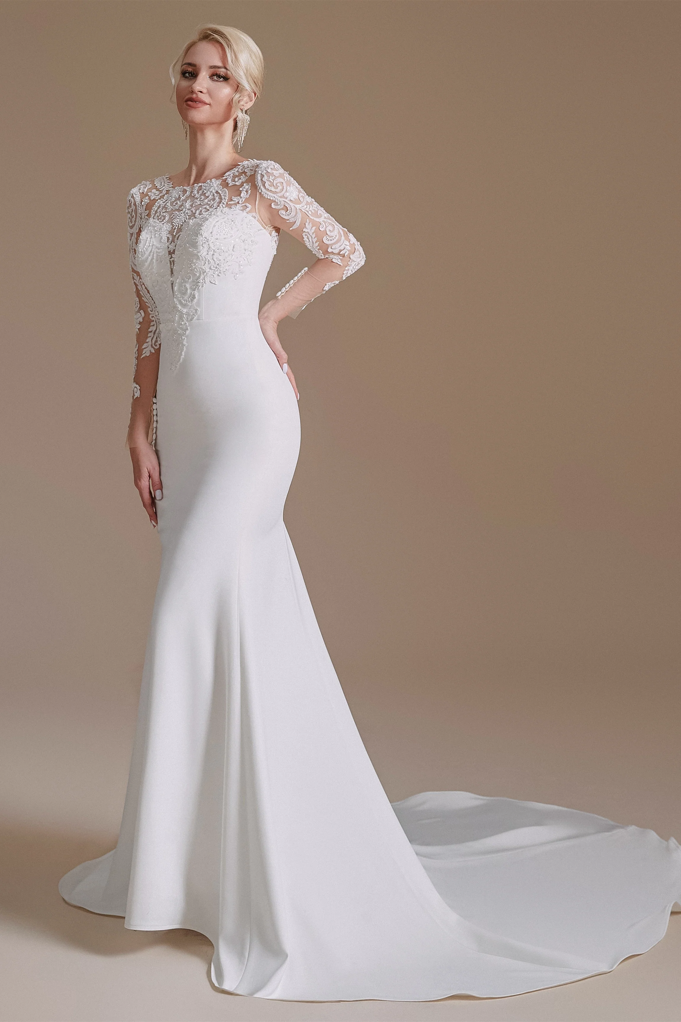 Jewel Lace Long Sleeves Mermaid Wedding Dress | Ballbella Design - Image 4
