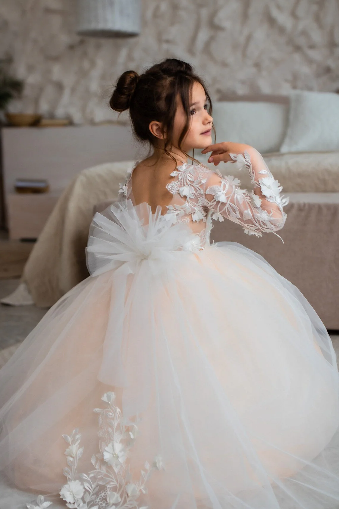 Jewel Long Sleeve Ball Gown Backless Lace Applique Bowknot Flower Girl Dress - Image 2
