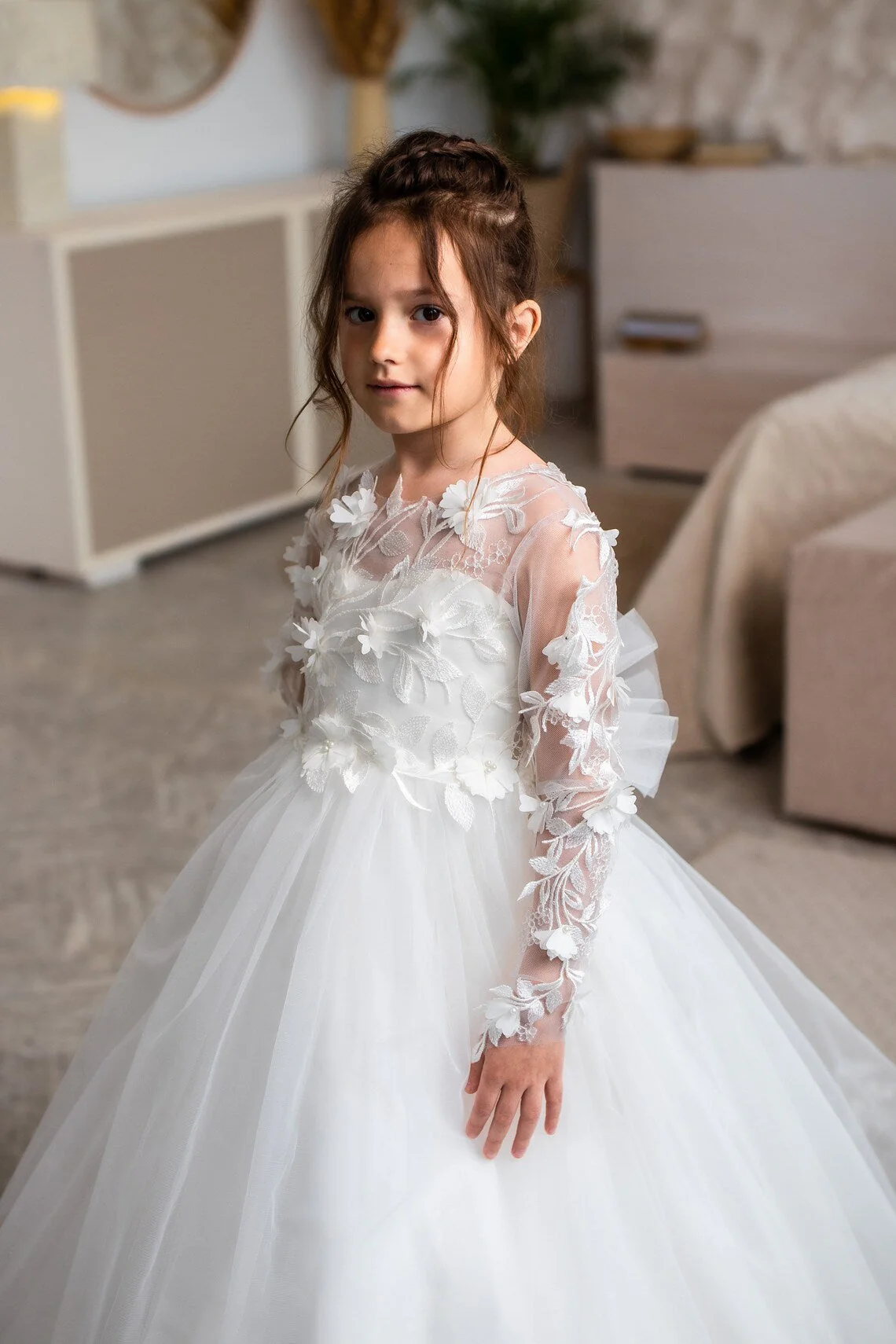 Jewel Long Sleeve Ball Gown Backless Lace Applique Bowknot Flower Girl Dress - Image 3