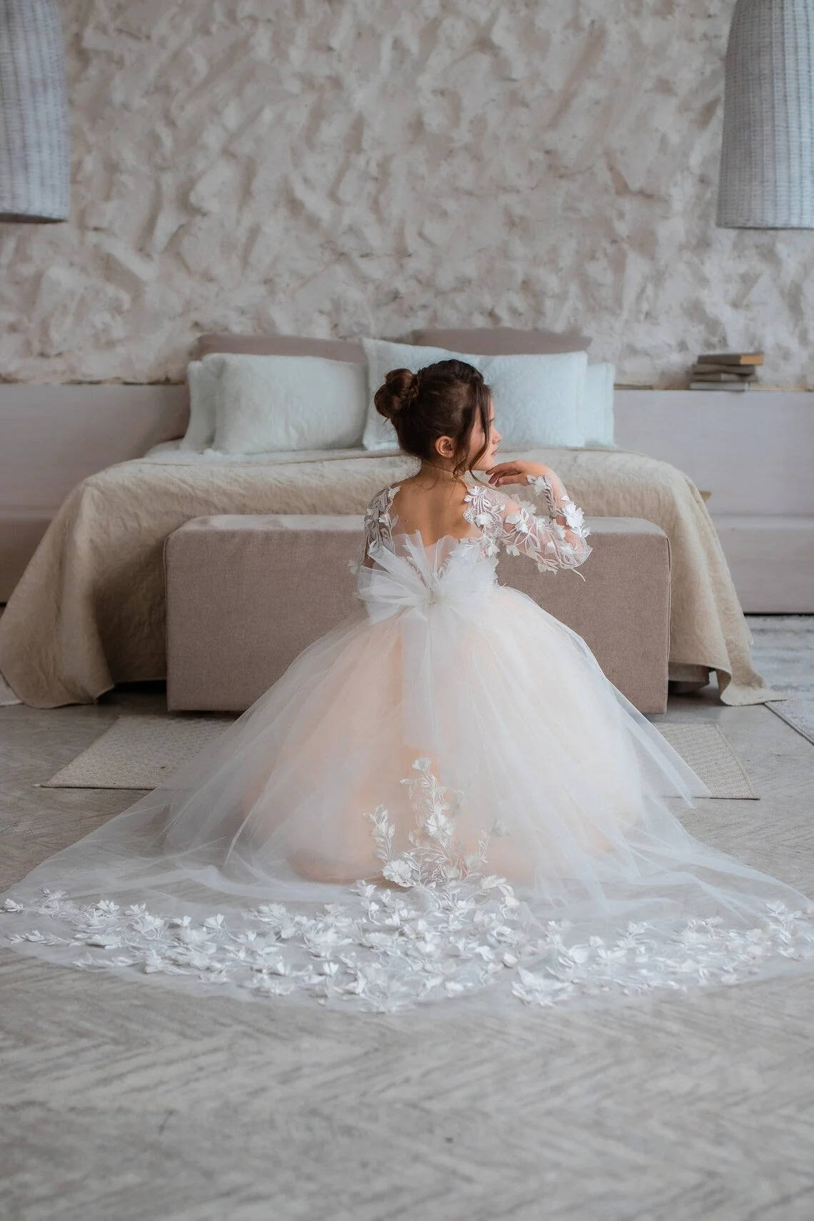 Jewel Long Sleeve Ball Gown Backless Lace Applique Bowknot Flower Girl Dress - Image 5
