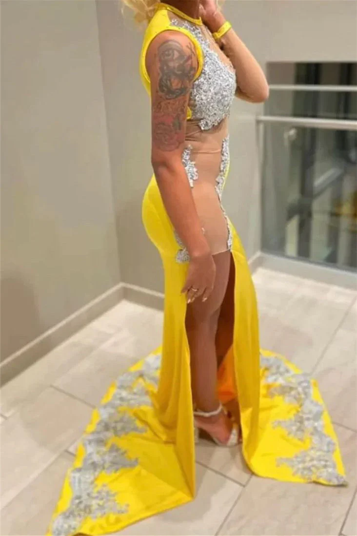 Mermaid Jewel Lace Applique Sequined Floor-length Sleeveless High Split Prom Dress - Image 2