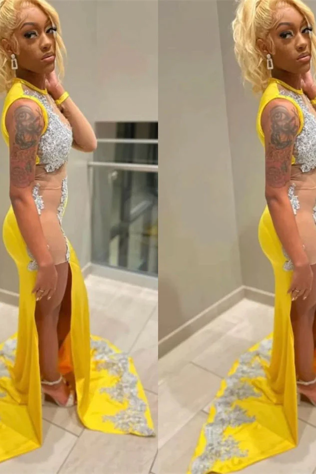 Mermaid Jewel Lace Applique Sequined Floor-length Sleeveless High Split Prom Dress - Image 3
