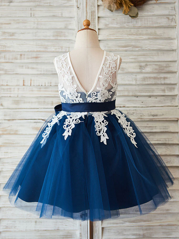 Jewel Neck Lace Sleeveless Short Princess Sash Kids Party Dresses - Image 2