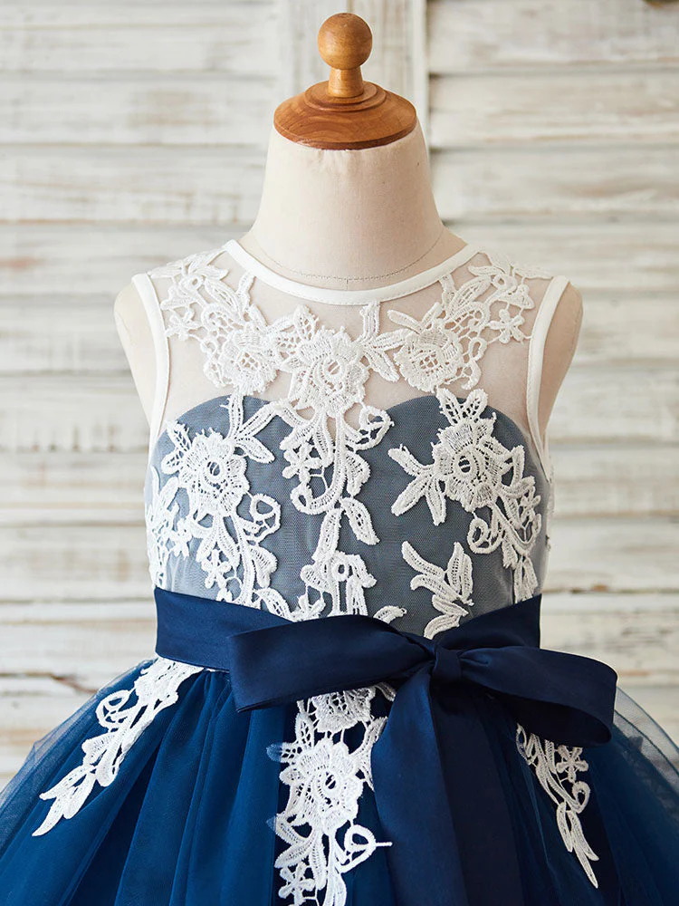Jewel Neck Lace Sleeveless Short Princess Sash Kids Party Dresses - Image 3