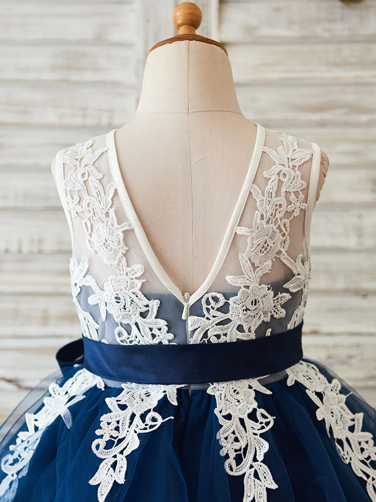 Jewel Neck Lace Sleeveless Short Princess Sash Kids Party Dresses - Image 4