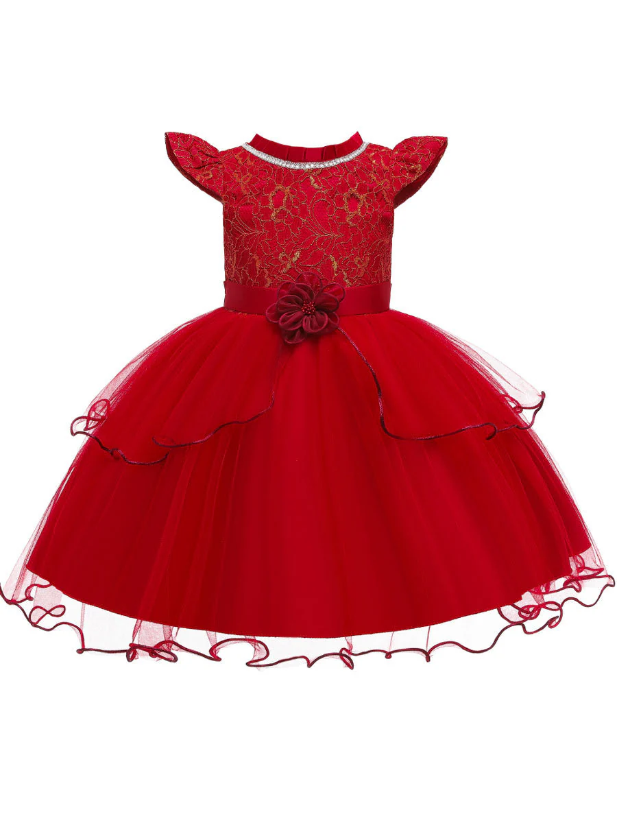 Jewel Neck Polyester Cotton Sleeveless Short Princess Beaded Kids Party Dresses - Image 3