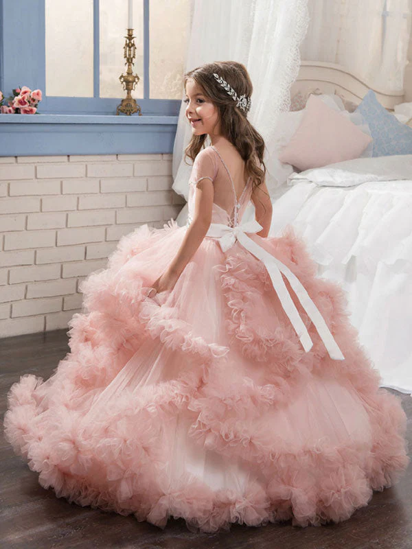 Jewel Neck Short Sleeves Rhinestones Kids Pageant flower girl dresses - Image 2