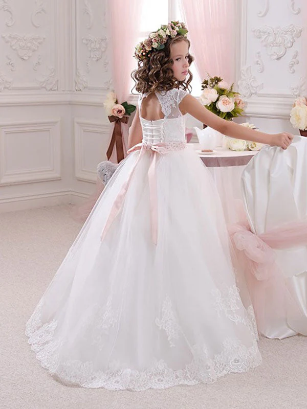Jewel Neck Short Sleeves Sash Kids Princess Dresses - Image 2