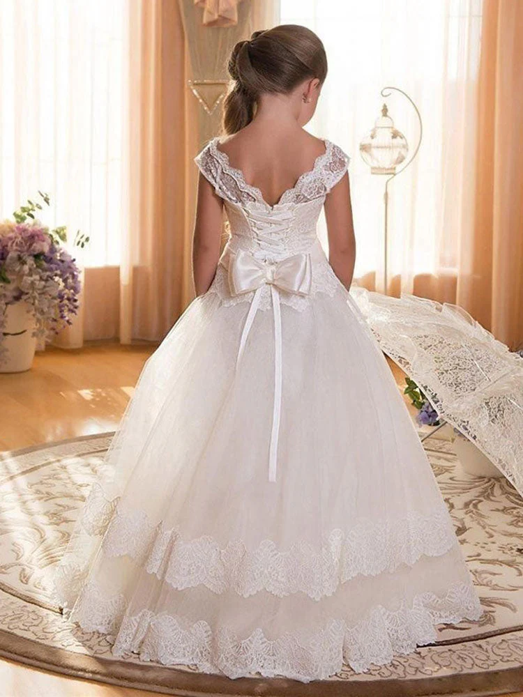 Jewel Neck Tulle Short Sleeves Floor Length Princess Bows Kids Formal Pageant Dresses - Image 2