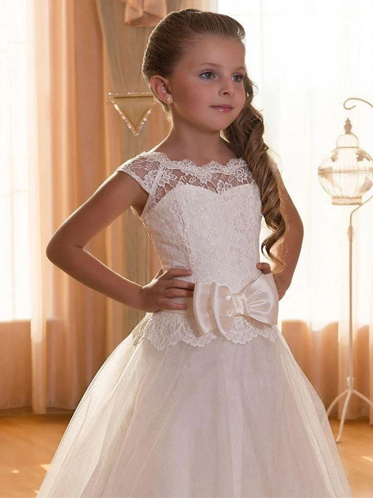 Jewel Neck Tulle Short Sleeves Floor Length Princess Bows Kids Formal Pageant Dresses - Image 3