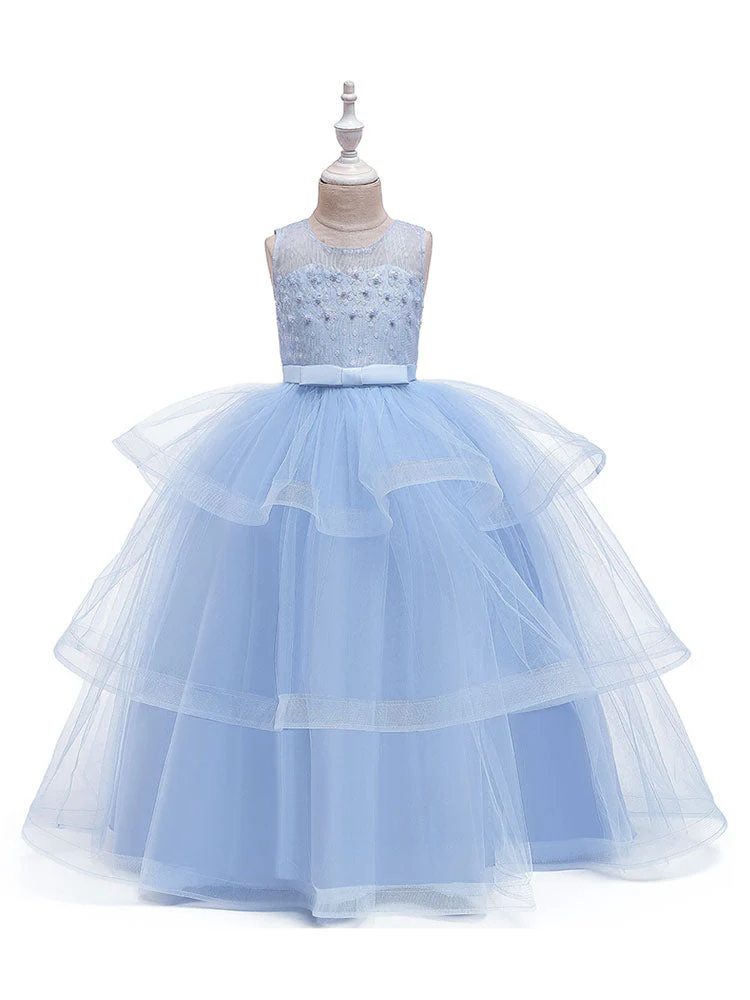 Jewel Neck Tulle Sleeveless Ankle Length Princess Kids Social Party Dresses - Image 6