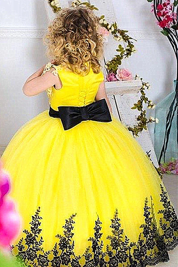 Jewel Sleeveless Ball Gown Lace Applique Bowknot Flower Girl Dress - Image 3