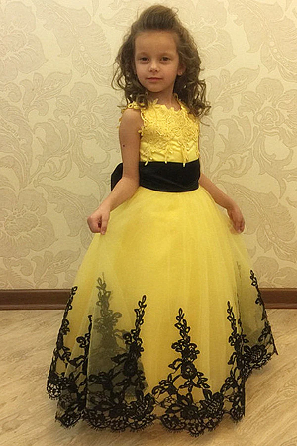 Jewel Sleeveless Ball Gown Lace Applique Bowknot Flower Girl Dress - Image 4