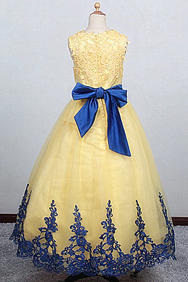 Jewel Sleeveless Ball Gown Lace Applique Bowknot Flower Girl Dress - Image 6