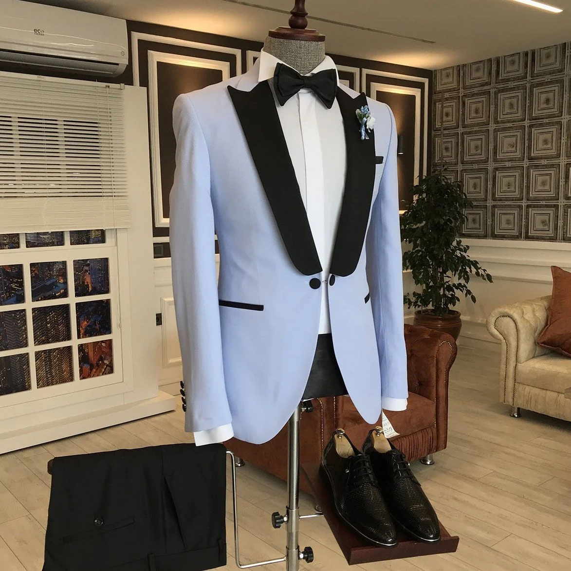 Sky Blue One Button Slim Fit Men Suits Mixed Black Peaked Lapel - Image 2