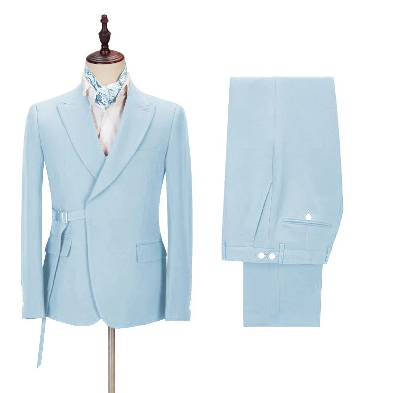 Chic Bespoke Sky Blue Peaked Lapel Men Suits with Adjustable Buckle - Image 2