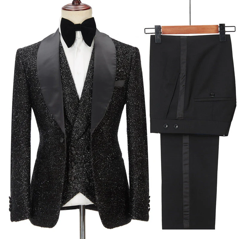 Chic Sparkly Black Three Pieces Shawl Lapel Bespoke Wedding Suit for Men - Image 2