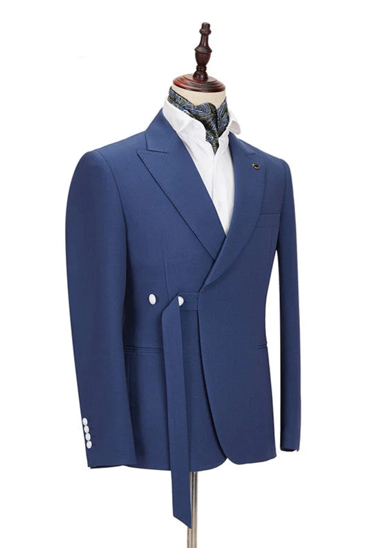 Classy Dark Blue Peaked Lapel Slim Fit Men Suits for Business - Image 2