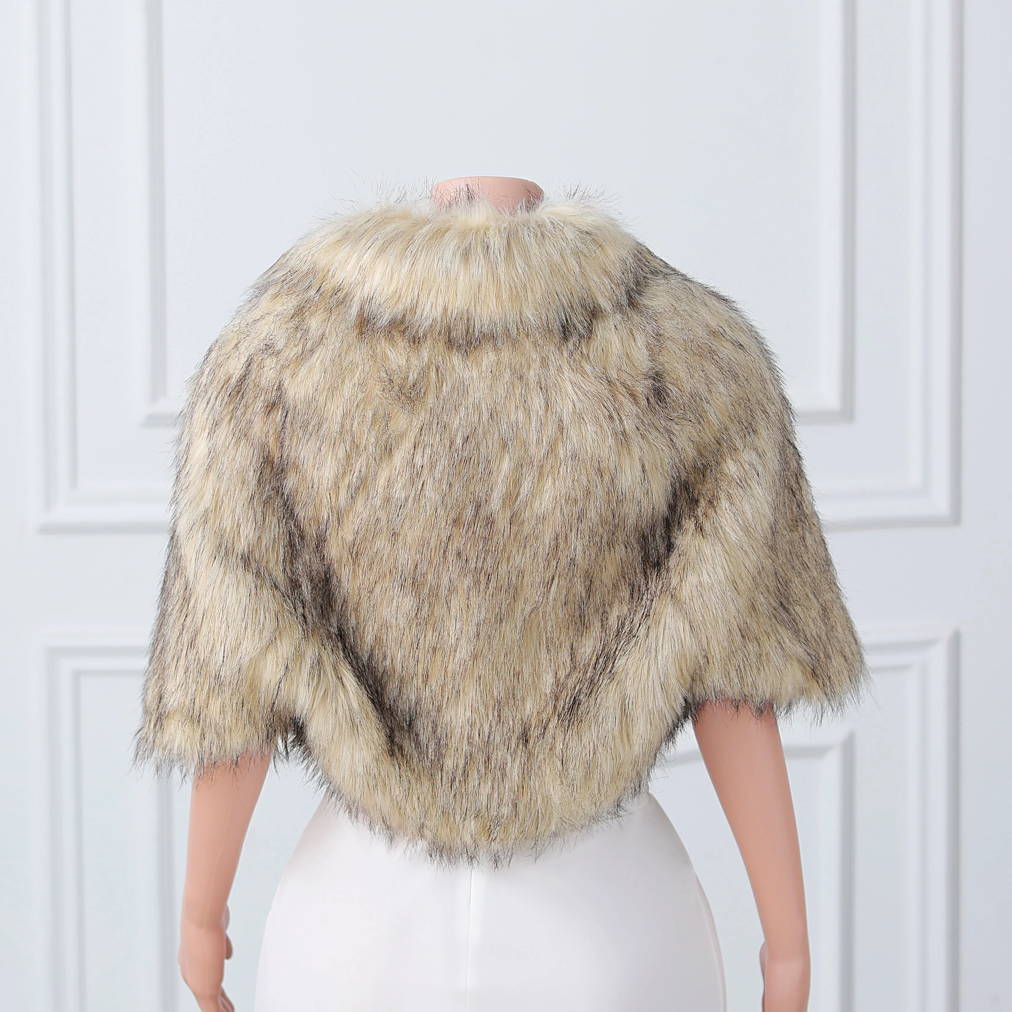 Khaki Butterfly Sleeve Lapel Collar Faux Fur Winter Wedding Wraps - Image 7