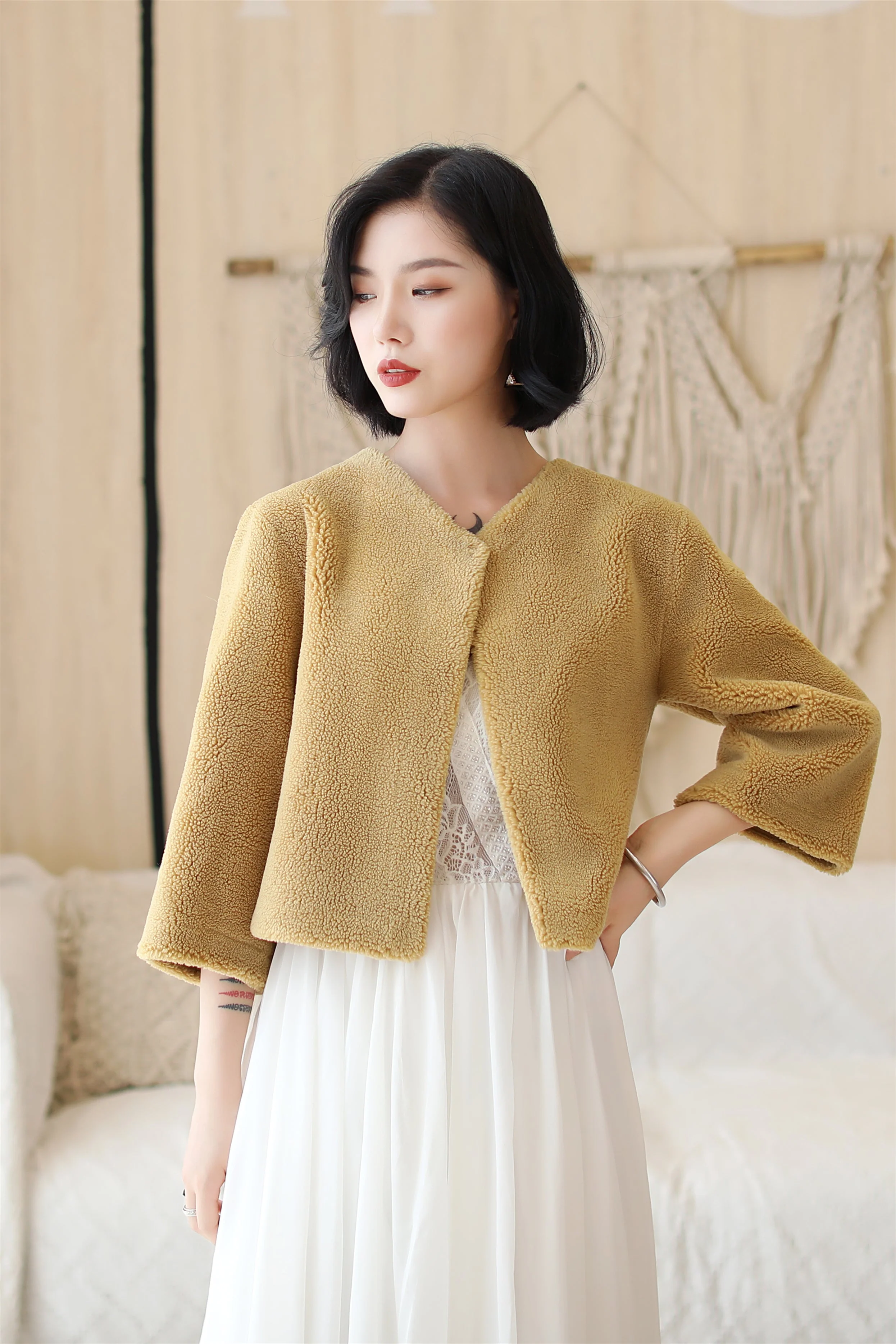 Khaki Faux Mink Fur Collarless Short Jacket & Wedding Shawl - Image 2