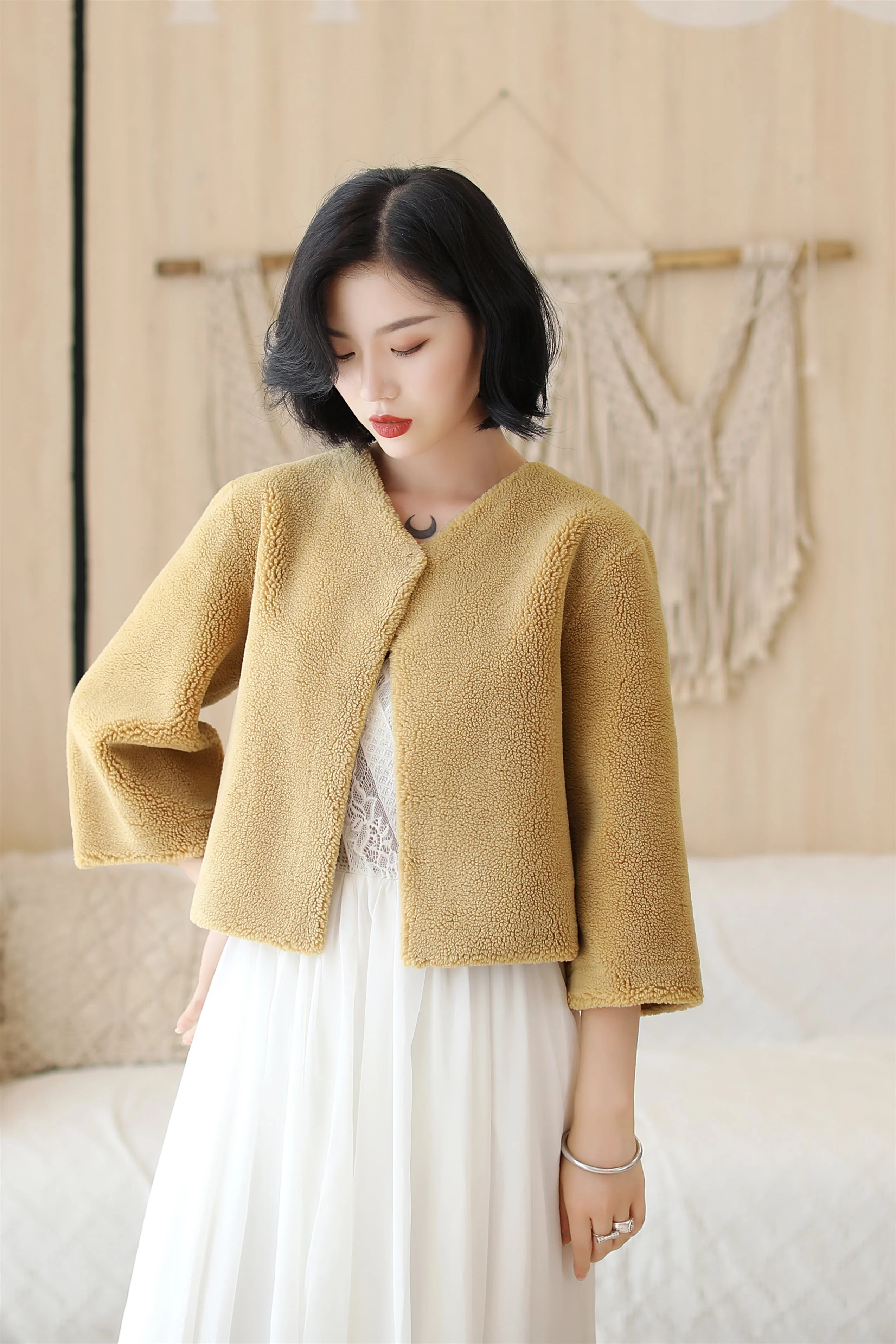 Khaki Faux Mink Fur Collarless Short Jacket & Wedding Shawl - Image 3