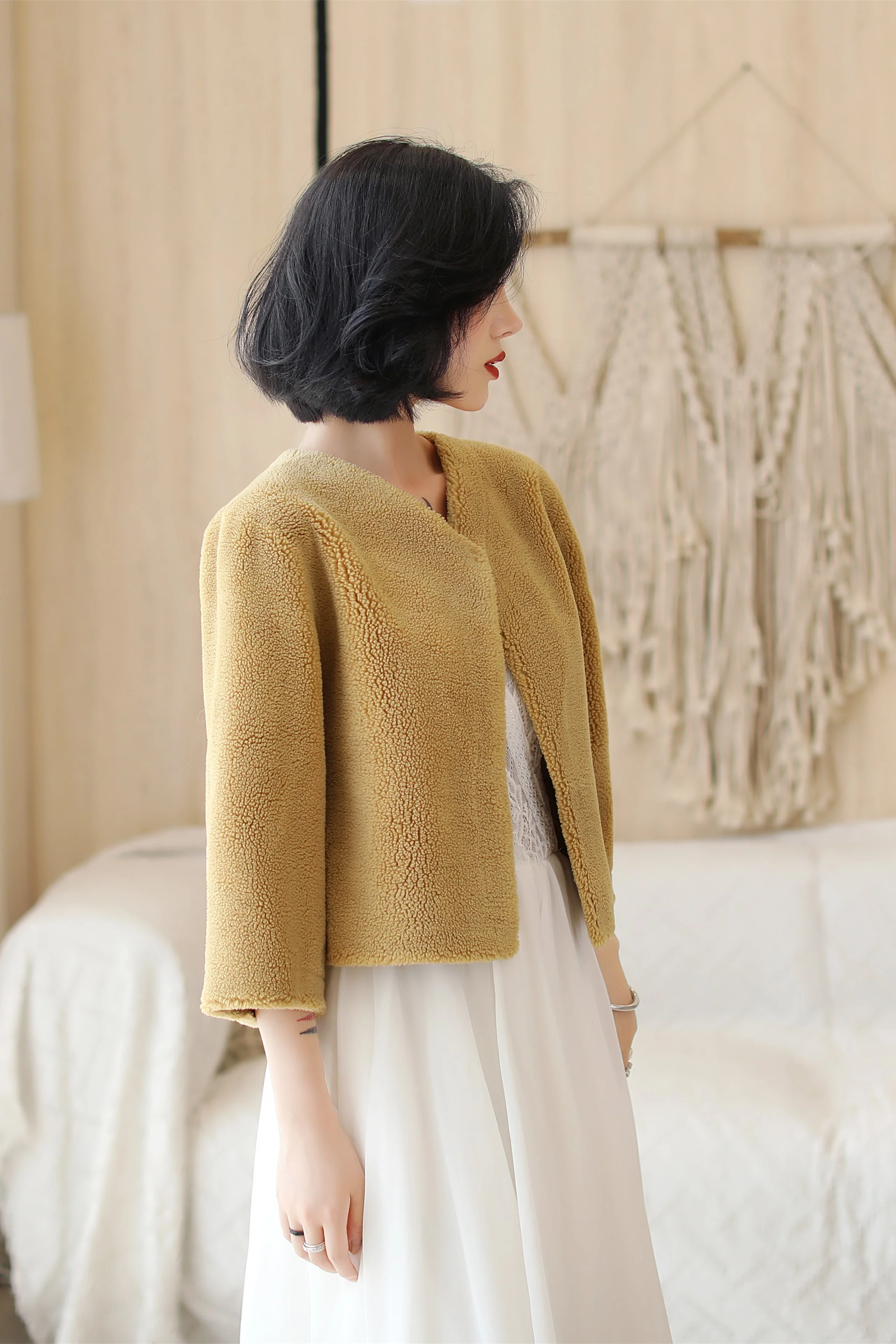 Khaki Faux Mink Fur Collarless Short Jacket & Wedding Shawl - Image 4