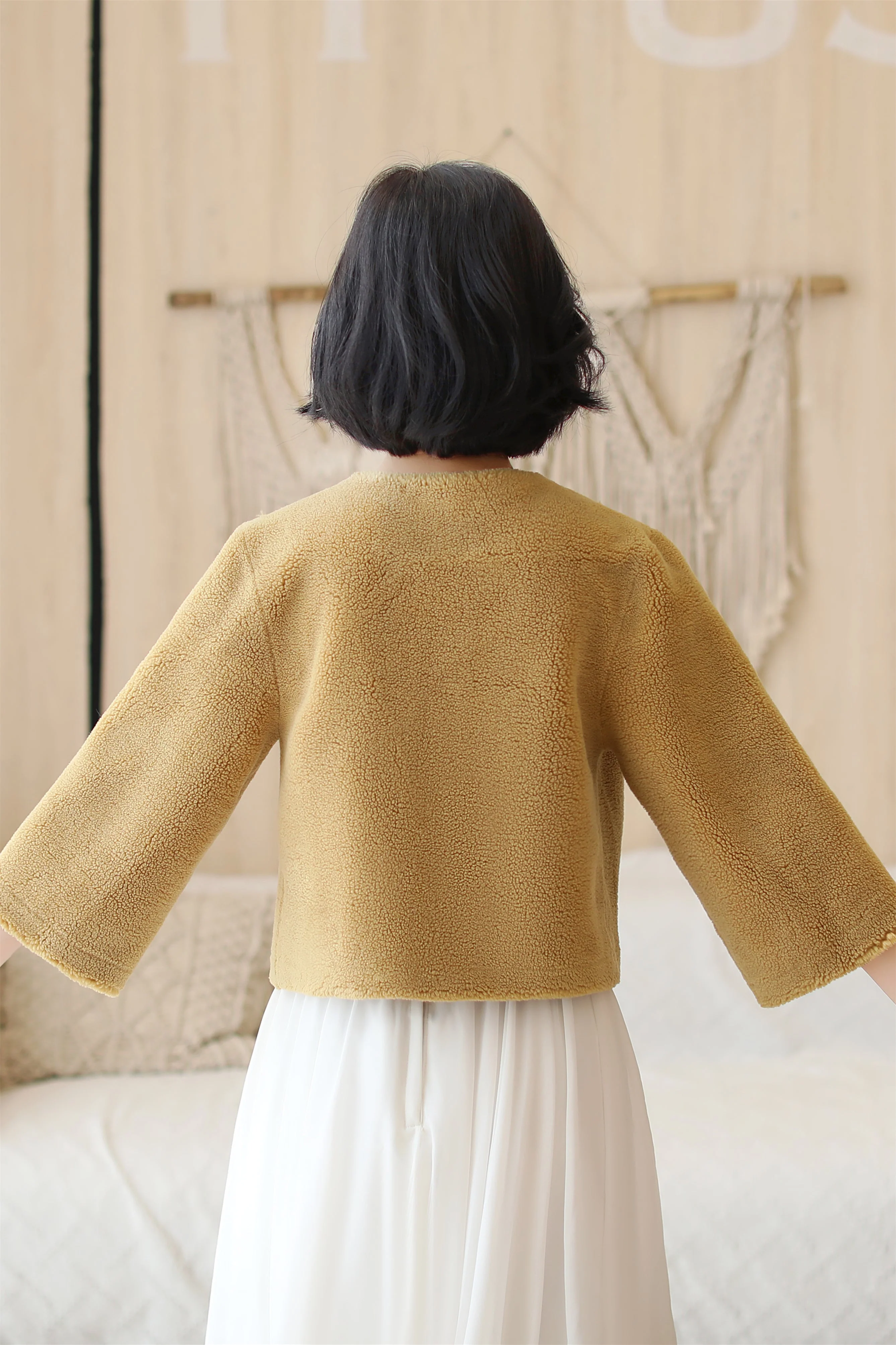 Khaki Faux Mink Fur Collarless Short Jacket & Wedding Shawl - Image 5